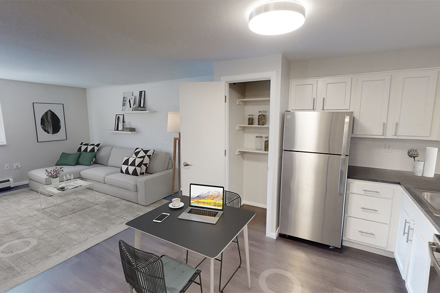3D tour thumbnail for showing kitchen and living area with comfortable furniture.